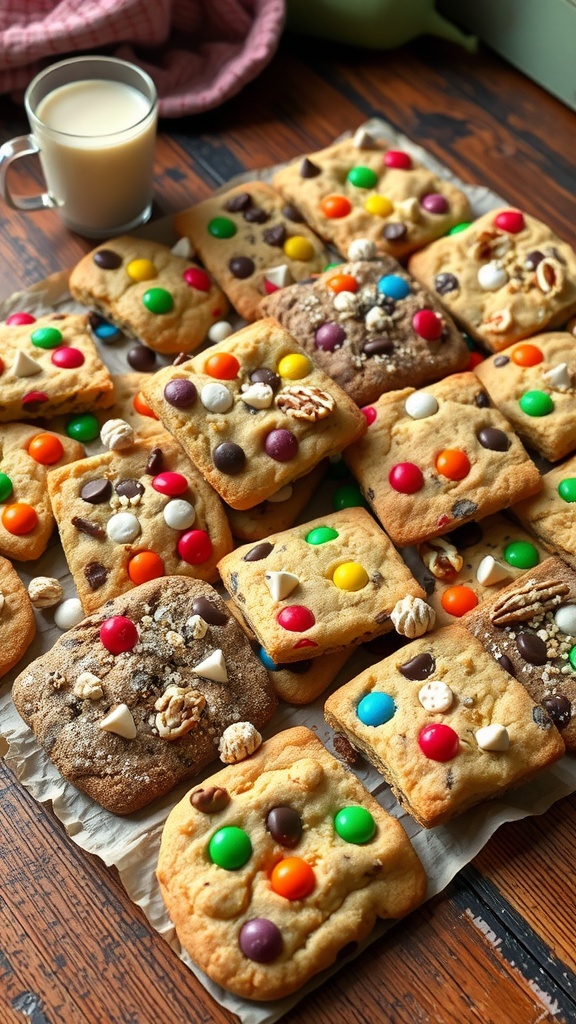 A colorful and diverse cookie quilt displayed on a rustic table, featuring various cookie textures and toppings.